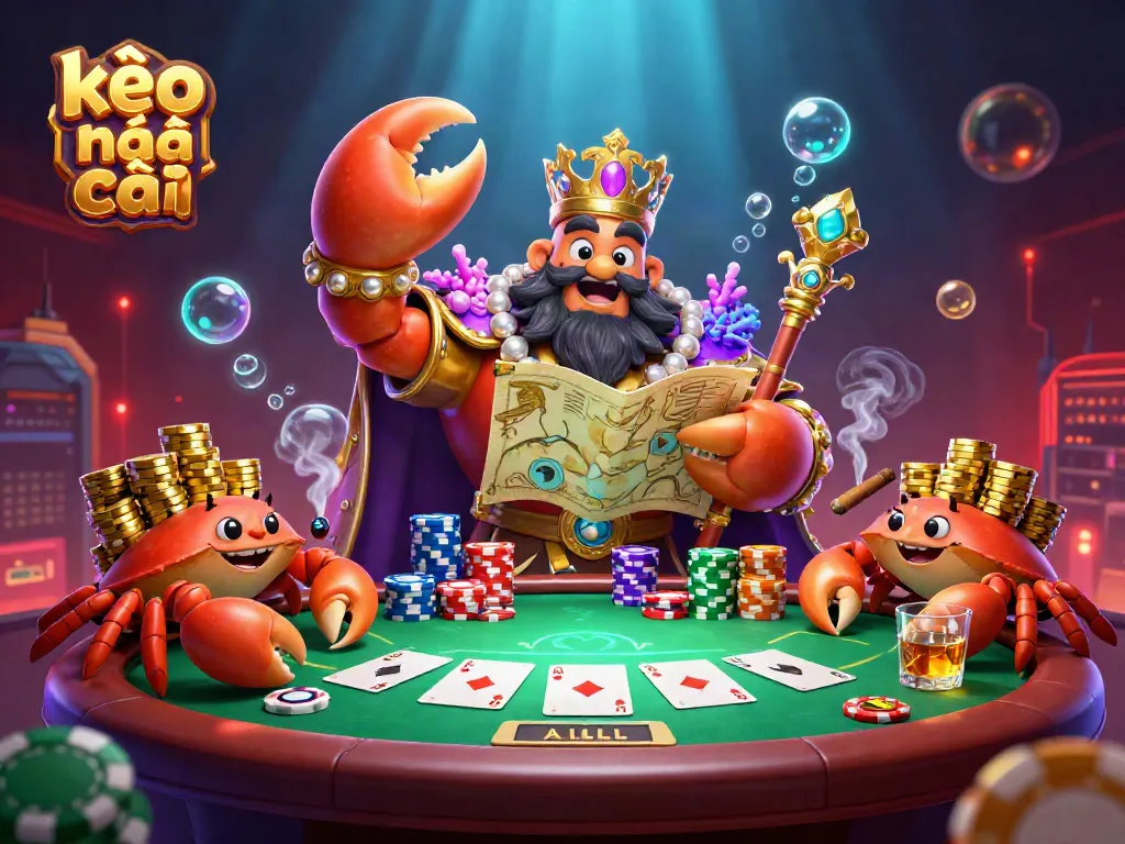 Engage in kèo nhà cái excitement with a golden crab emperor and poker elements in 3D.