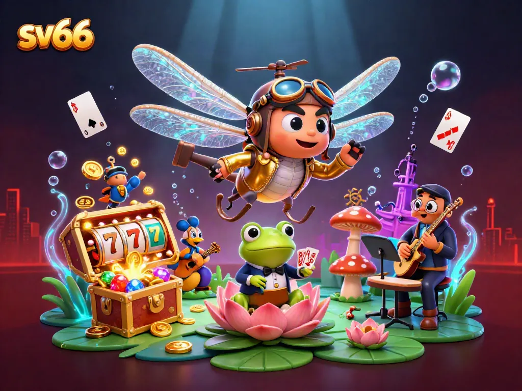 Experience thrilling action at sv66 casino with a cartoon dragonfly pilot, frog dealer, and jazz musicians.