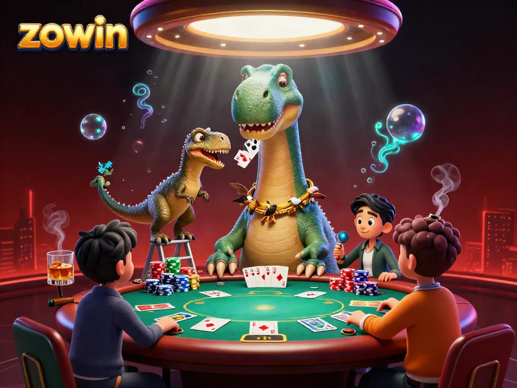 Experience the exciting gaming atmosphere at Zowin with a whimsical 3D dinosaur dealer amidst casino elements.
