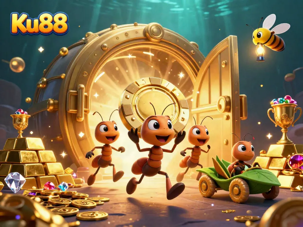 Join Ku88's thrilling heist as ants steal a giant poker chip in this vibrant casino scene.