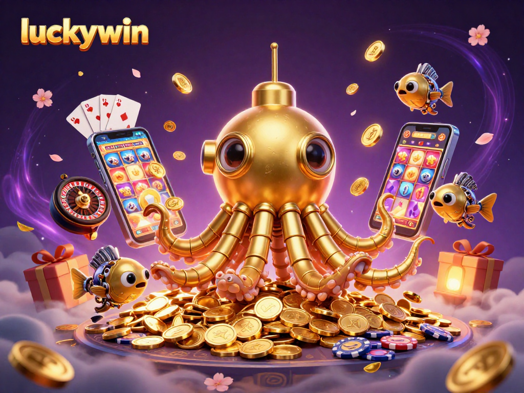 Experience thrilling gaming with luckywin, featuring a vibrant scene of gold coins and dynamic casino games.
