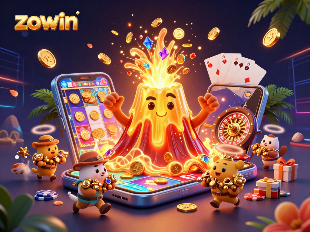 Engage with Zowin's thrilling gameplay, featuring a vibrant volcano erupting treasures in this vivid casino scene.