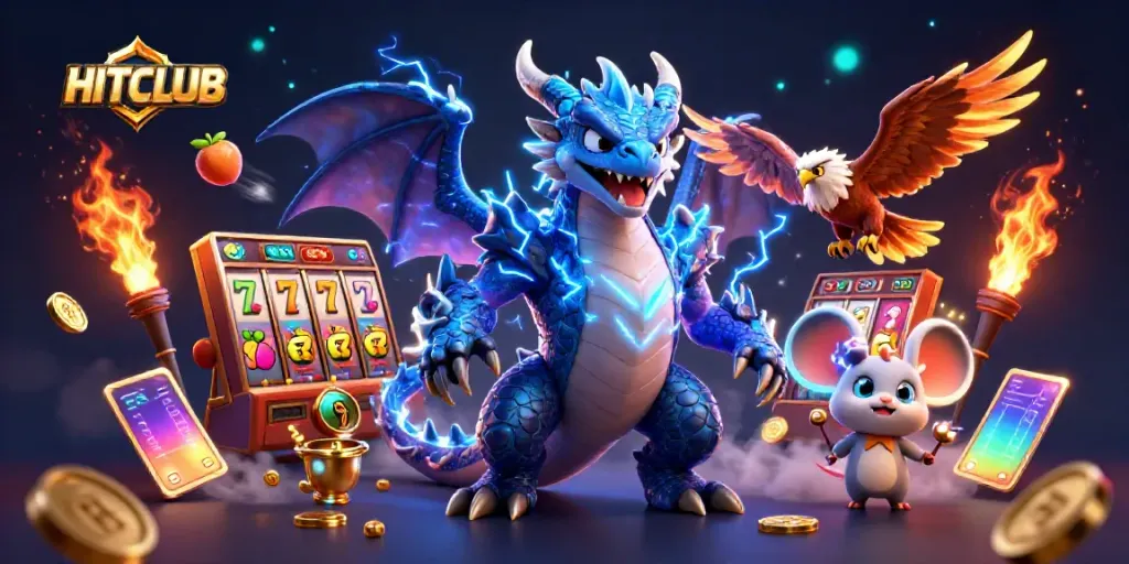 Experience thrilling gameplay at HITCLUB with colorful slot reels and dynamic characters in a vibrant casino scene.