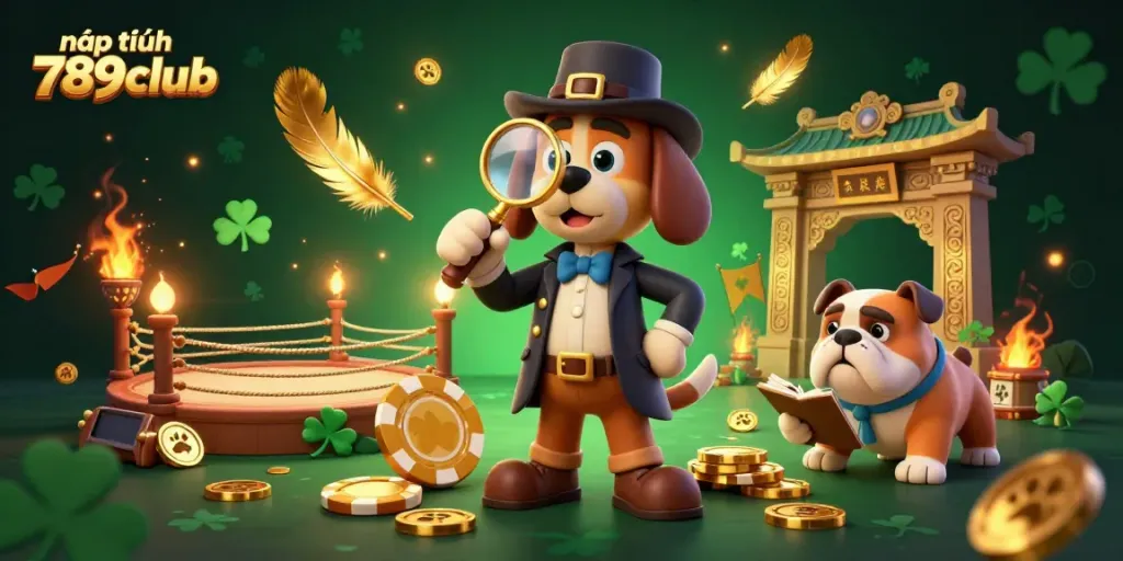 Capture the excitement of nạp tiền 789club with a dynamic gambling scene featuring cartoon detective characters exploring poker clues.