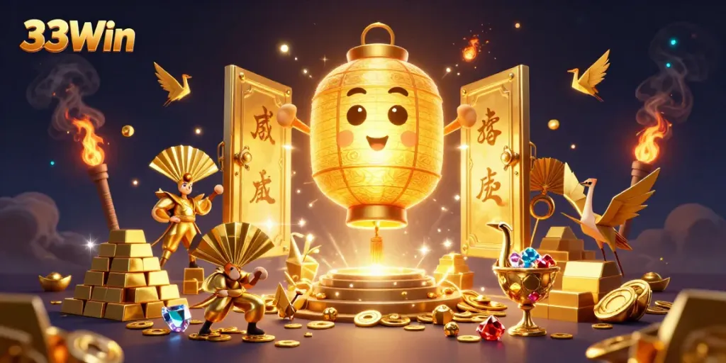 33Win's vibrant online casino scene showcases a golden lantern spirit illuminating a dynamic game atmosphere.