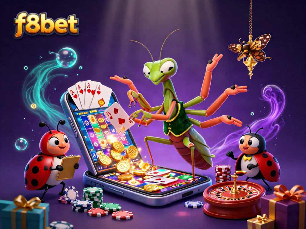 Experience the vibrant world of f8bet with a dynamic casino scene featuring characters engaged in thrilling gaming activities.