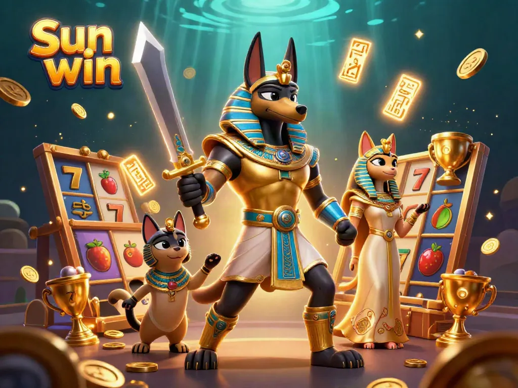 Experience thrilling gaming excitement at Sun win with dynamic 3D characters and slot-themed elements.