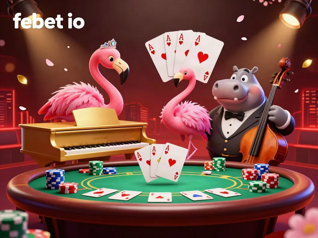 Experience vibrant casino action with febet io as a flamingo artist entertains a hippo bassist, surrounded by intricate poker elements.