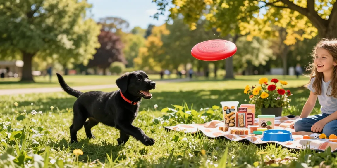 Happy black labrador puppy playing fetch in a sunny park with a child.