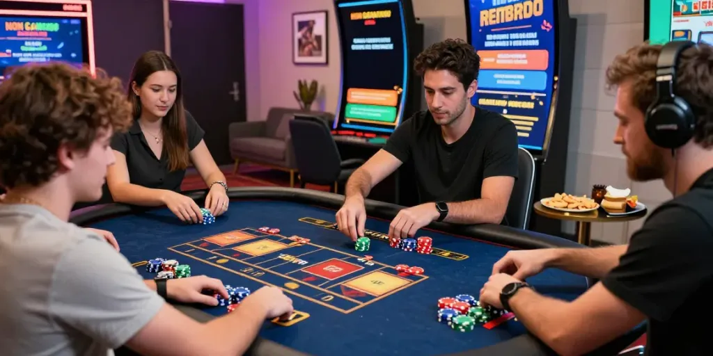 Players enjoying casinos non gamblock UK at a lively digital gaming table.