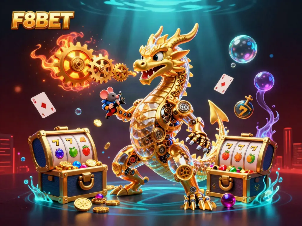 Bet and win at F8BET with a vibrant illustration featuring a golden dragon and casino elements.