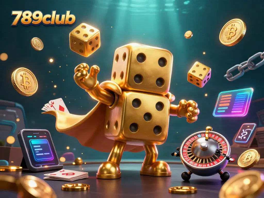 Experience the excitement of gambling at 789club with vibrant visuals of animated dice and crypto elements.