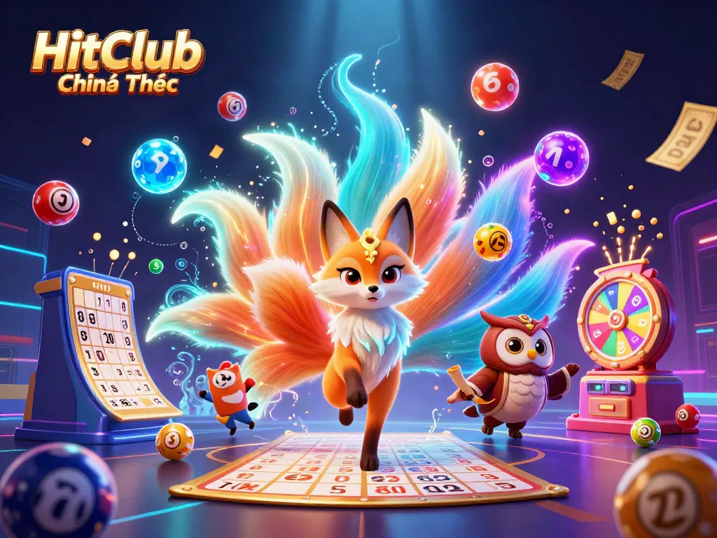 Experience the thrilling energy of HitClub Chính Thức with this vibrant 3D illustration showcasing dynamic lottery elements and captivating characters.