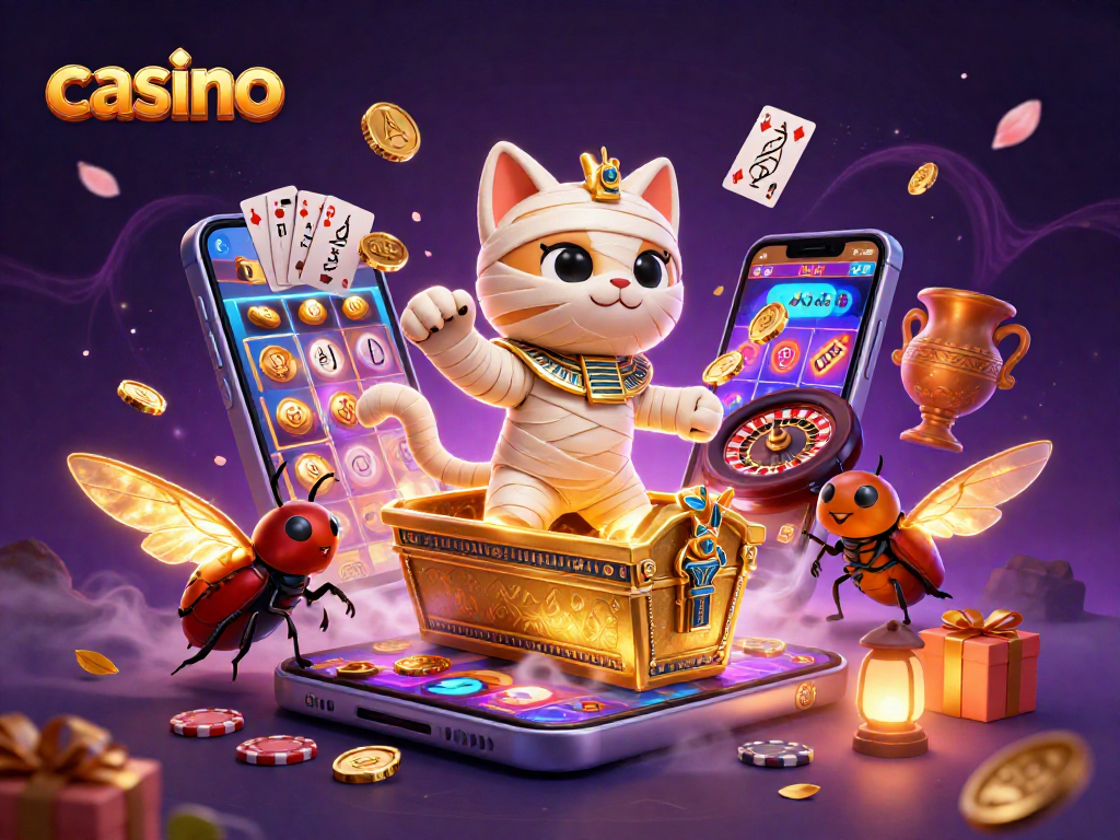 Engaging casino scene with a mummy cat, scarab beetle, and floating playing cards.