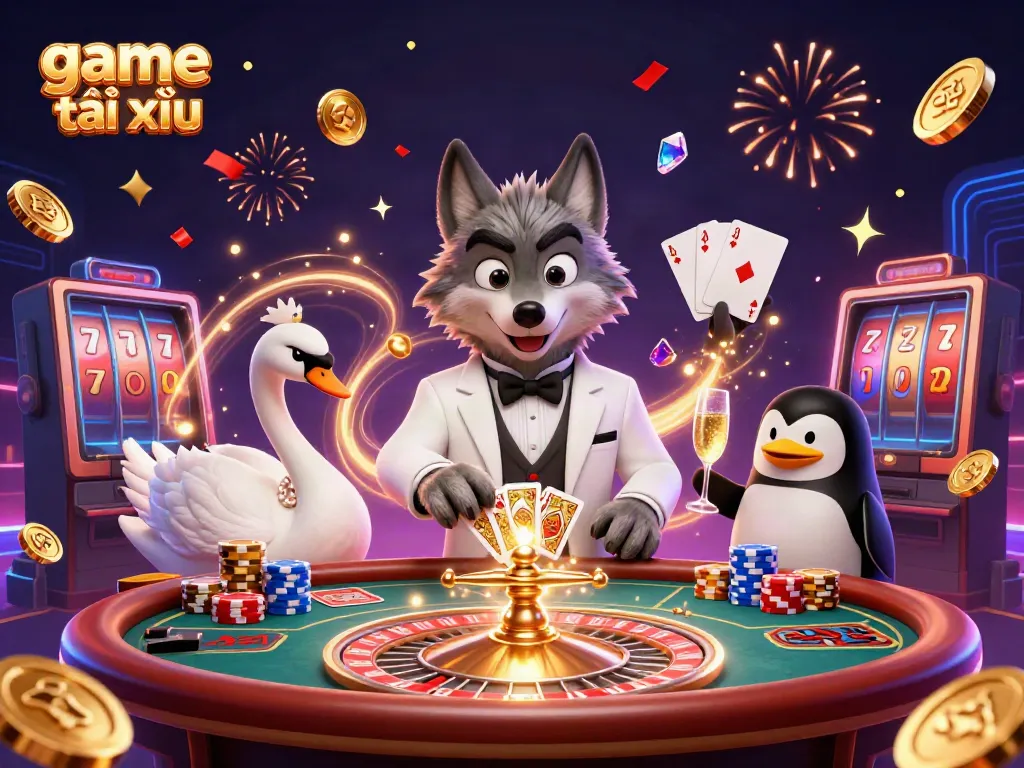 Engage in the thrilling game tài xỉu as a debonair wolf, elegant swan, and sophisticated penguin enjoy a festive casino scene.