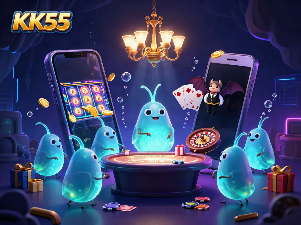 KK55 glowworms illuminate a vibrant casino scene, showcasing engaging gaming experiences and excitement.