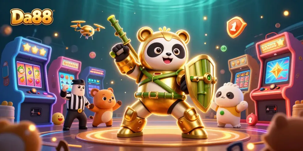 Experience thrilling gameplay at Da88 with vibrant casino scenes featuring animated characters and interactive game elements.