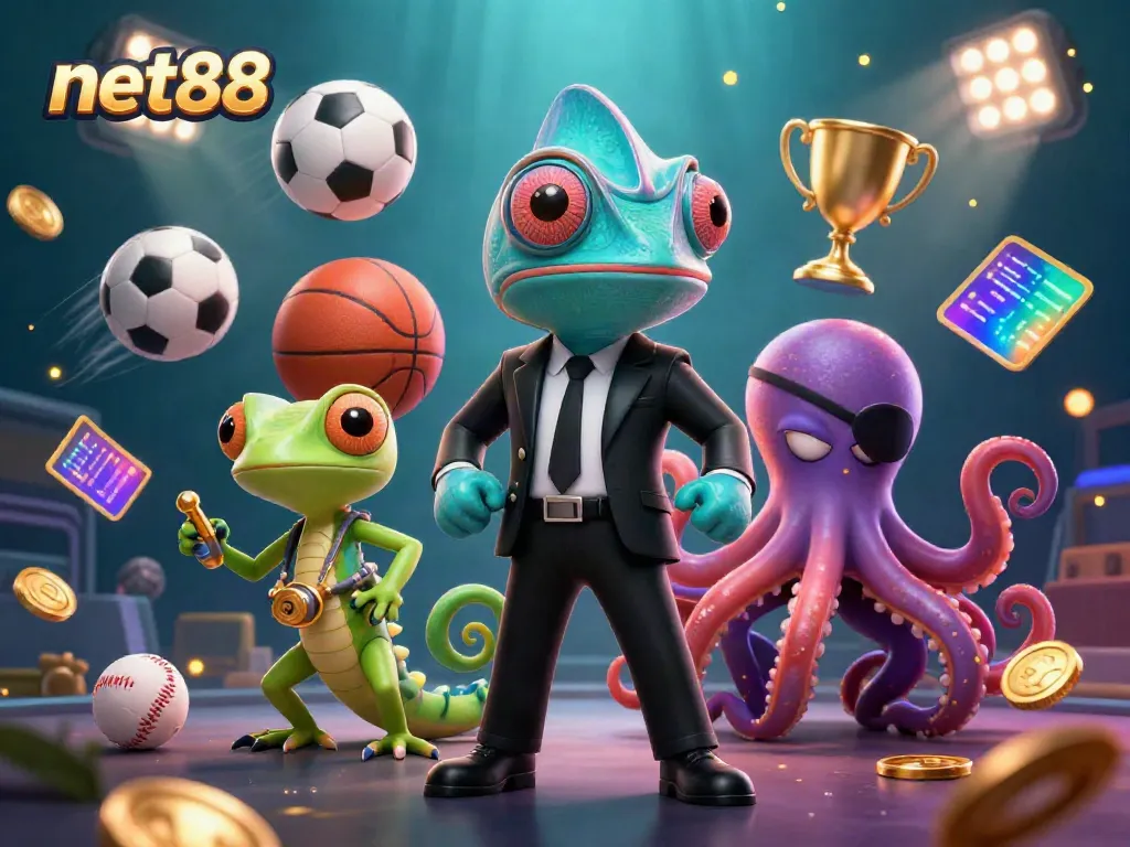 Experience the excitement of net88 with a dynamic gambling scene featuring vibrant characters and sports elements.