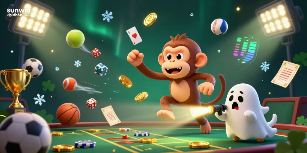 Experience thrilling gaming action at sunwin đổi thưởng 2026, featuring a playful monkey and puppy in a haunted casino scene.