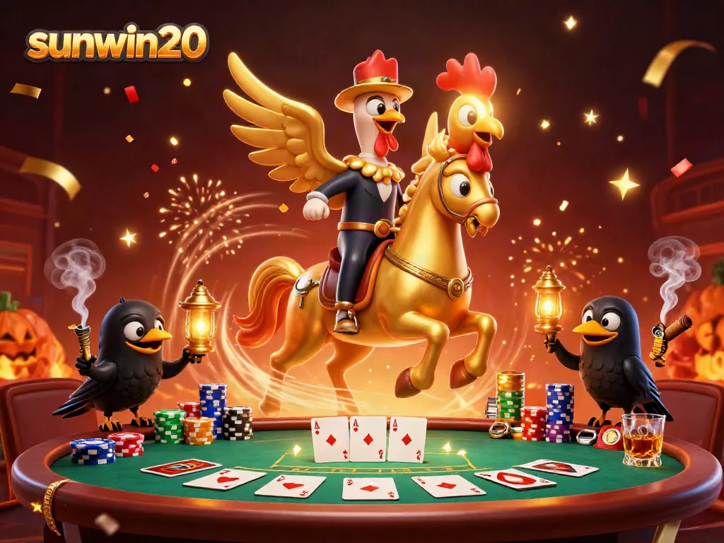 Experience the excitement of sunwin20 with a golden rooster and friends playing poker in a vibrant casino.