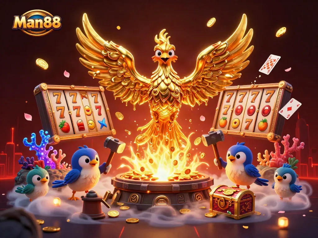 Experience thrilling wins with Man88, featuring a molten phoenix, slot reels, and treasures in a lively casino scene.