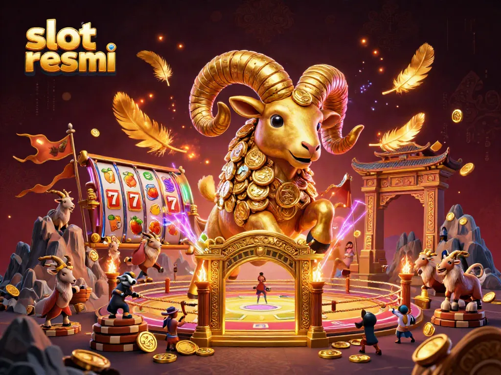Experience thrilling action with slot resmi as a golden ram charges towards victory amidst vibrant casino elements.