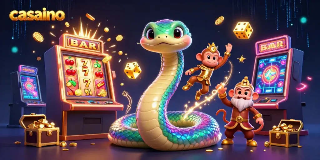 Experience vibrant casino action with a playful monkey king and a rainbow serpent in a jackpot explosion.