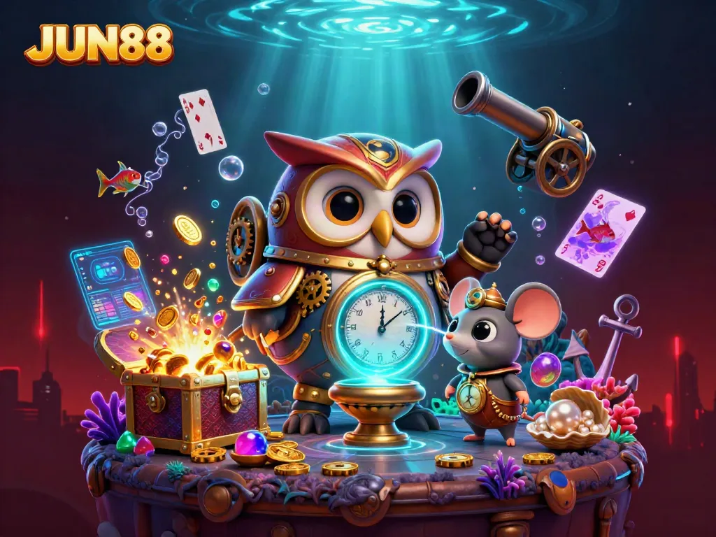 Experience the thrilling world of JUN88 with vibrant casino elements and a time-traveling owl.