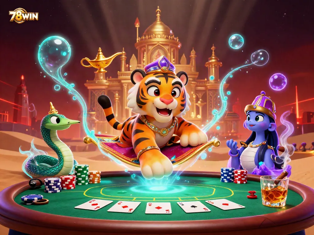 Engage in exciting gameplay with 78WIN, represented by an enchanting tiger sultan on a magic carpet in a vibrant casino scene.