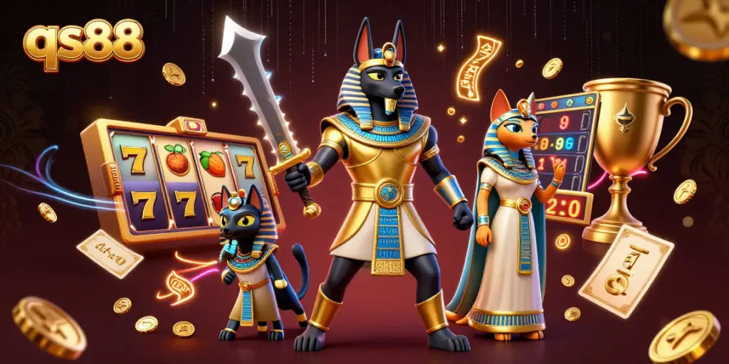 Engaging scene showcasing qs88 with an Anubis warrior, slot reels, and golden elements for an exciting casino experience.