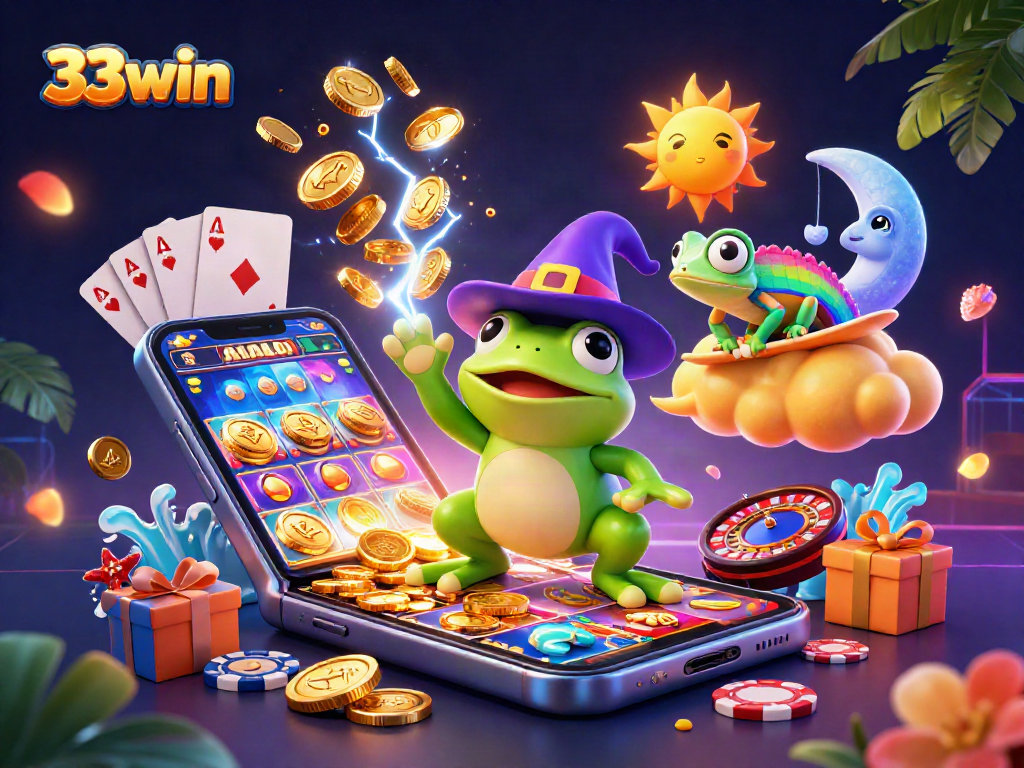 Spin the reels at 33win with golden coins raining down in this vibrant casino scene.