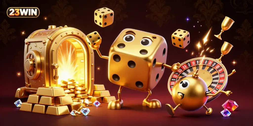 Engage with 23WIN's thrilling 3D casino scene featuring vibrant golden elements, dice, and gemstones.