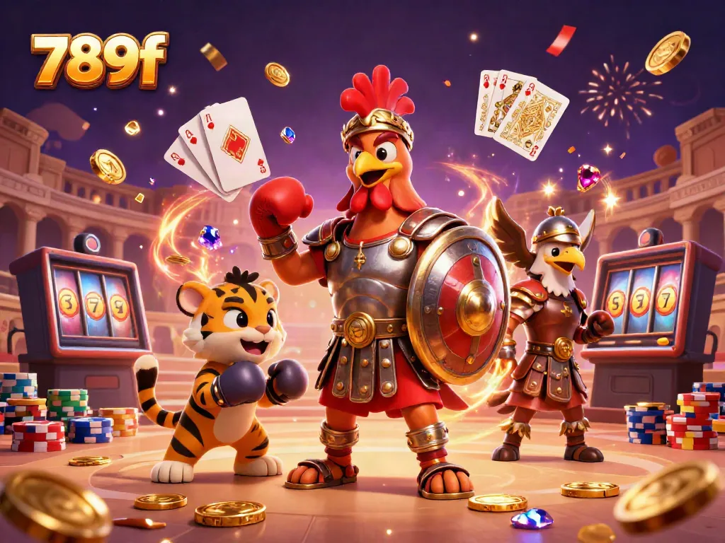 Experience the excitement of 789f casino with a dynamic 3D scene featuring a gladiator rooster and sparring partners amidst golden coins.