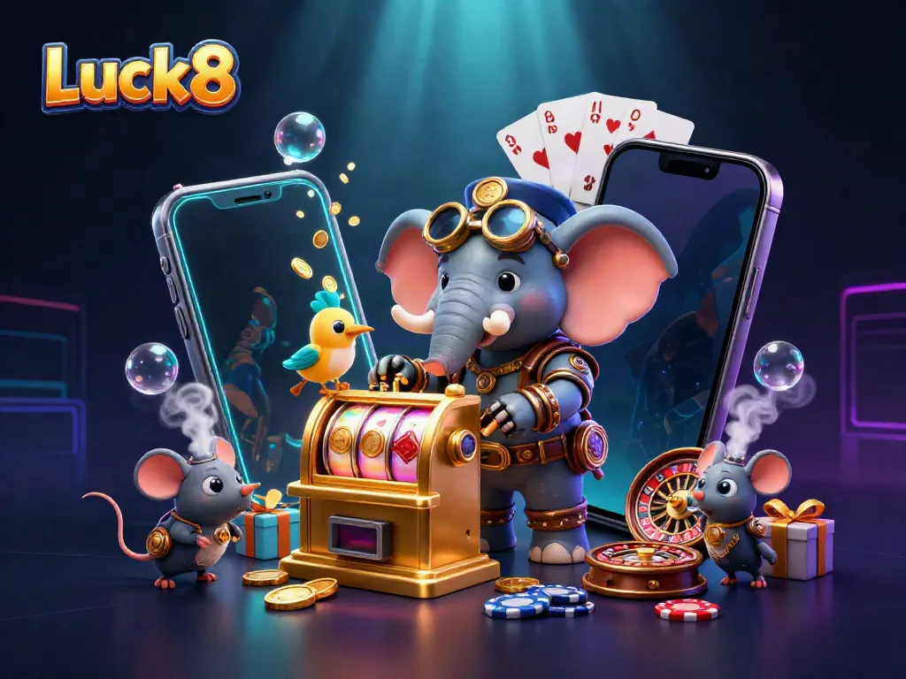 Experience the world of Luck8 with a steampunk elephant operating a golden slot machine amid vibrant casino elements.