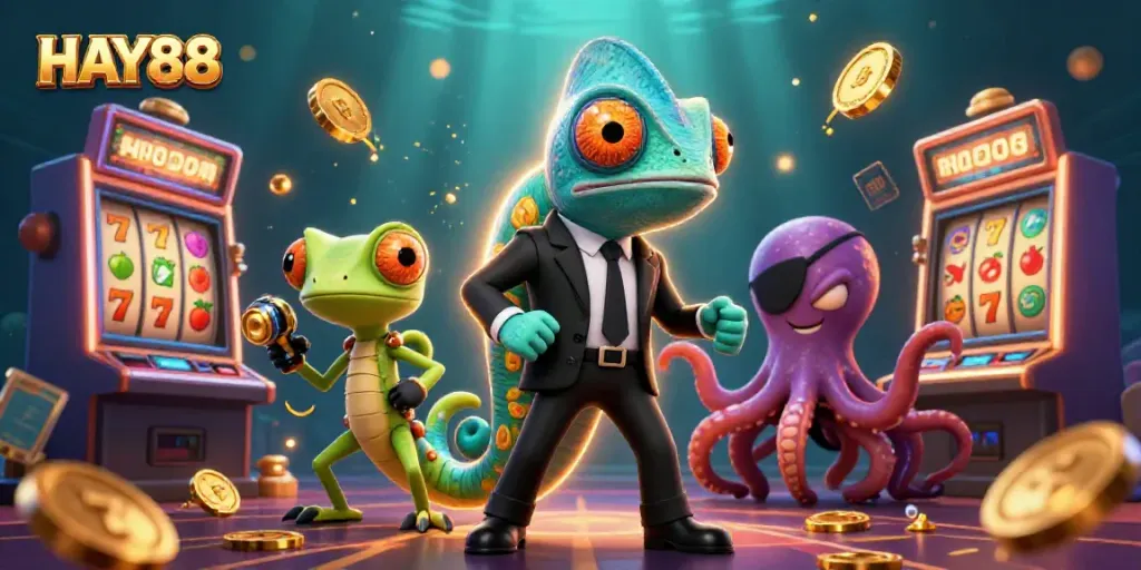 Spin and win at HAY88 with a vibrant 3D casino scene featuring slot machines, characters, and dynamic elements.