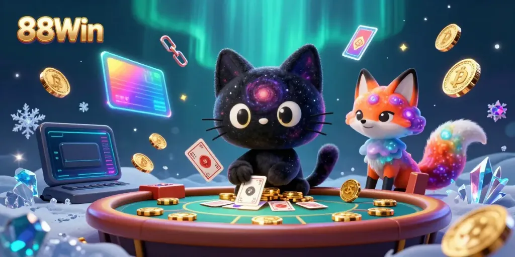 Experience 88Win's cosmic allure with a captivating illustration of a black hole cat drawing in chips at a casino.