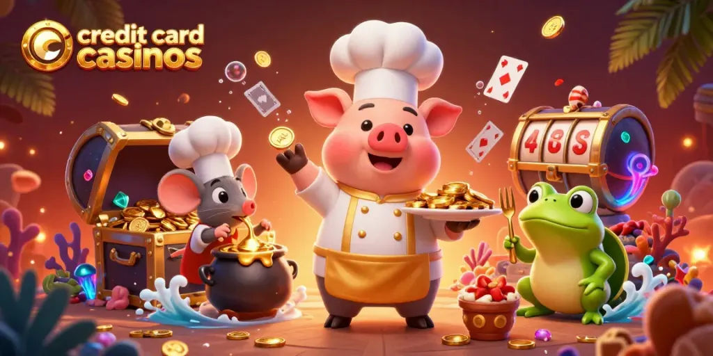 Chef pig serves gold coins in a vibrant 3D scene, showcasing credit card casinos' exciting atmosphere.