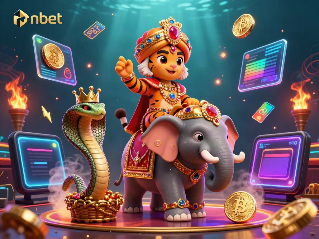 Experience the thrill of nbet live casino with a majestic maharaja tiger riding an elephant amidst dynamic gaming elements.