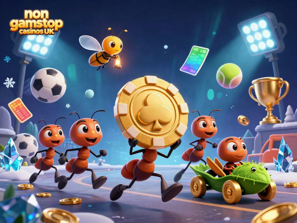 Exciting scene featuring non gamstop casinos UK theme with ants carrying a huge poker chip and gaming elements.