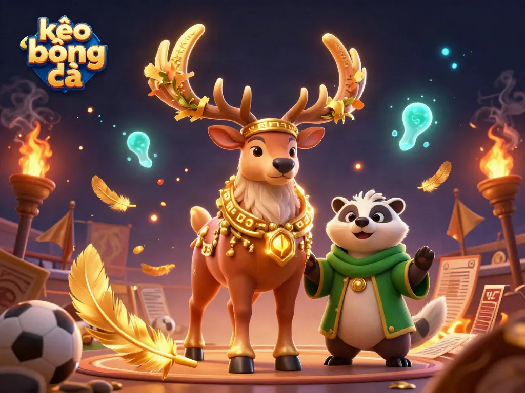 Betting on kèo bóng đá with a druid stag and badger amidst sports elements.