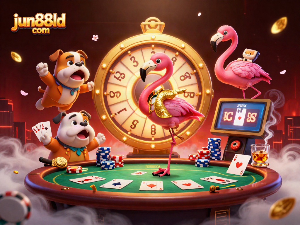 Engage in thrilling gameplay at jun88ld com with flamingo host, bulldog contestant, and prizes galore!