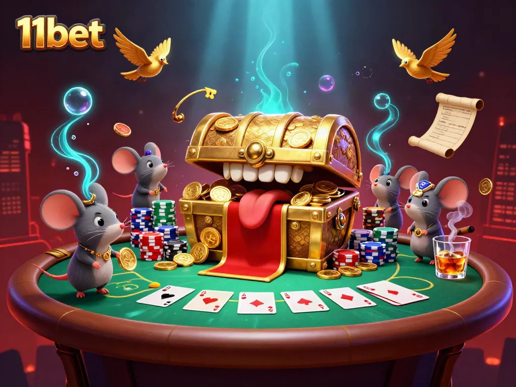 Experience high-stakes excitement with 11bet in this immersive 3D casino scene featuring poker and treasure.