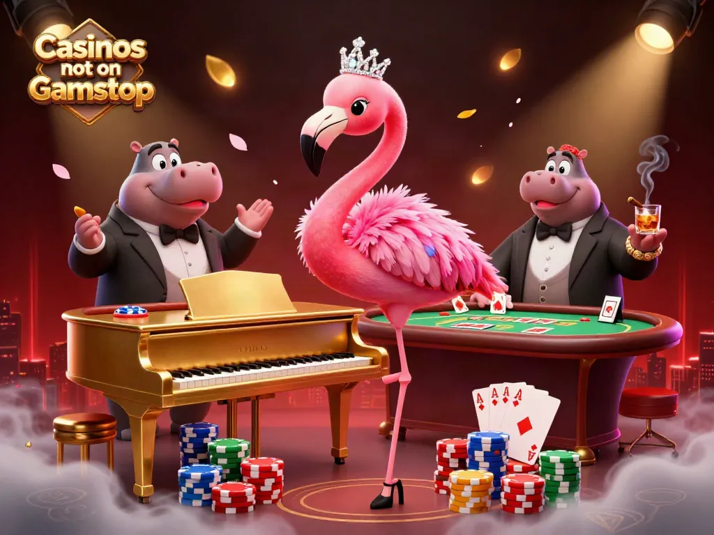 Experience lively entertainment at Casinos not on Gamstop with vibrant 3D scenes of artists and poker tables.