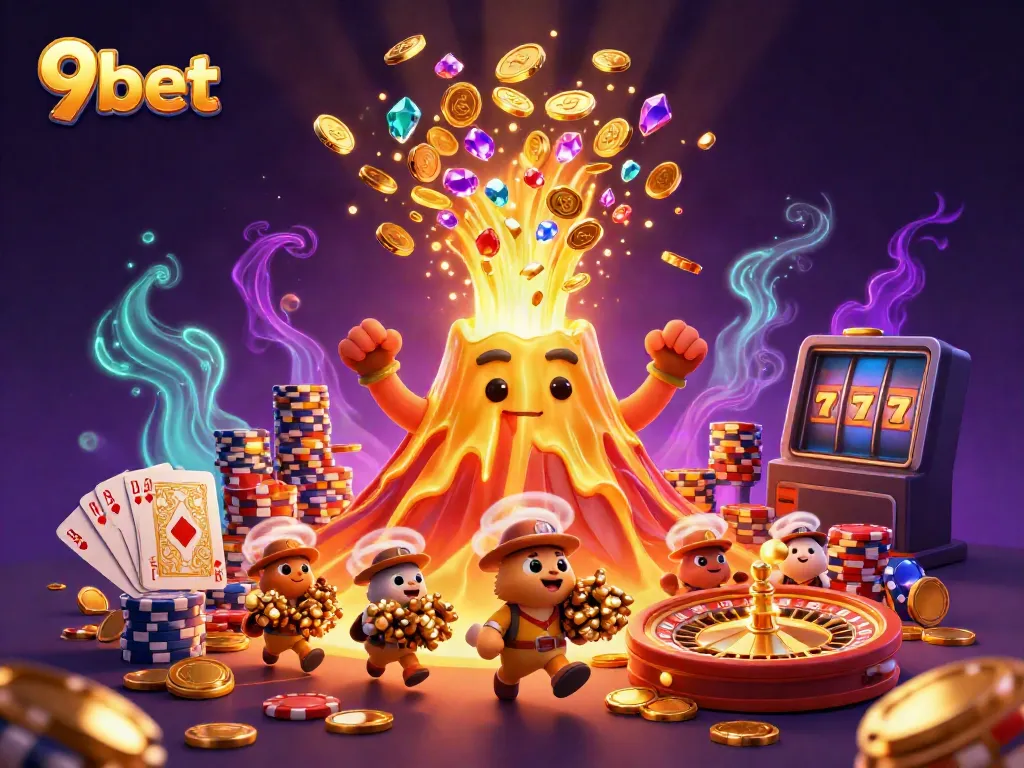 Experience the thrill of 9bet with a vibrant scene of winning treasures and casino excitement.