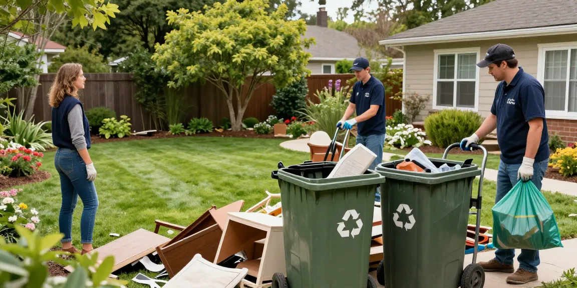 London house clearance team efficiently clearing a garden space, showcasing eco-friendly waste disposal practices.