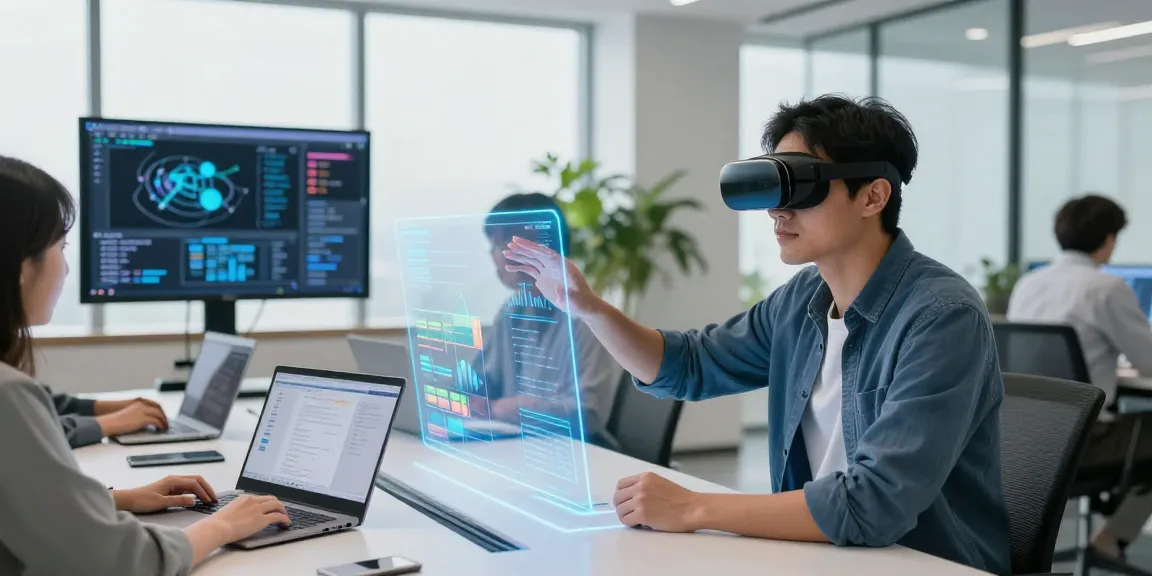Professional using AR glasses in a modern office, engaging with holographic displays.