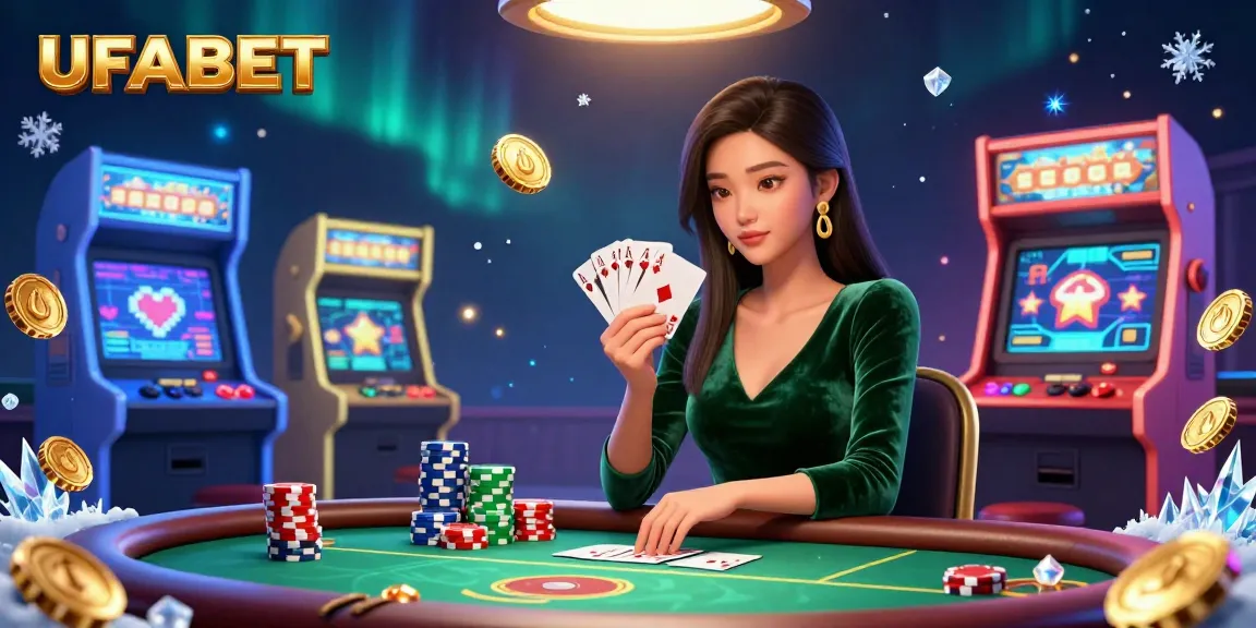 Experience thrilling gameplay at UFABET with a beautiful Asian dealer showcasing poker skills at a luxurious table.