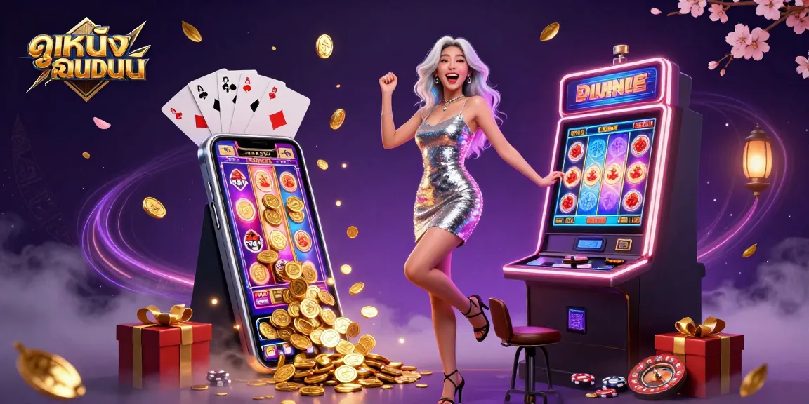Play ดูหนังออนไลน์ at an exciting casino scene with neon lights and golden coins.