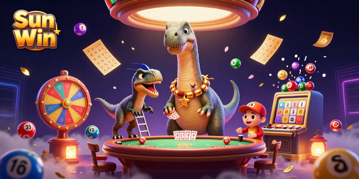 Experience Sun Win's dynamic gaming scene with a giant brontosaurus and cards being dealt at a tiny table.