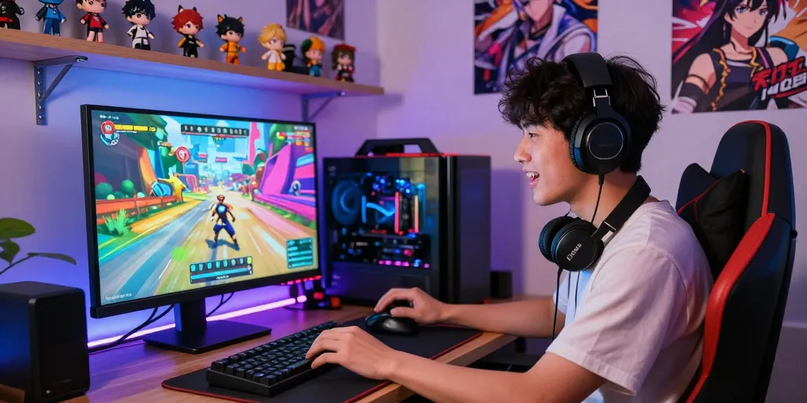Gamers enjoying vibrant gay hentai games in a cozy, personalized setting with colorful LED lights and collectibles.